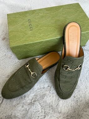 Gucci Princetown - Olive Green GG Canvas Horsebit Mules